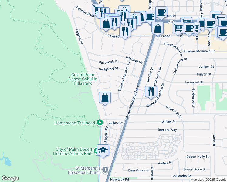 map of restaurants, bars, coffee shops, grocery stores, and more near 72710 Yucca Court in Palm Desert