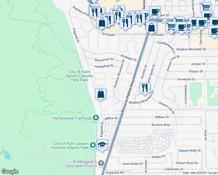 map of restaurants, bars, coffee shops, grocery stores, and more near 72740 Yucca Court in Palm Desert