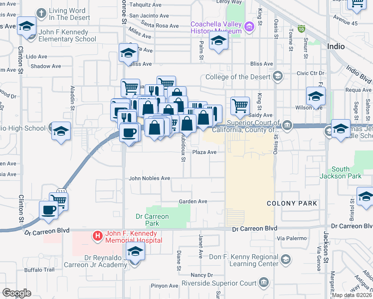 map of restaurants, bars, coffee shops, grocery stores, and more near Rubidoux Street in Indio