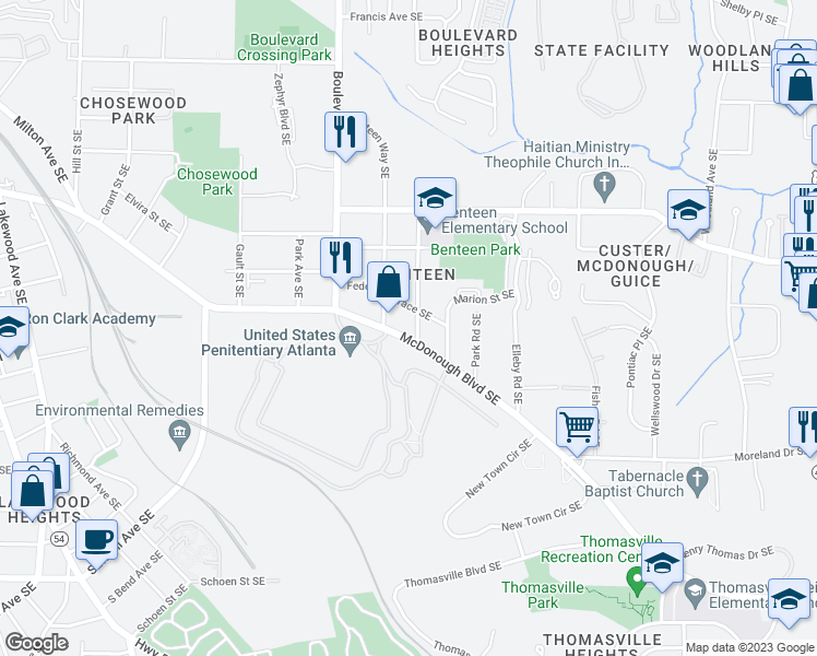 map of restaurants, bars, coffee shops, grocery stores, and more near 662 McDonough Boulevard Southeast in Atlanta