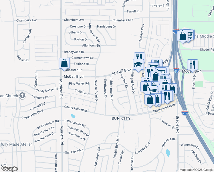 map of restaurants, bars, coffee shops, grocery stores, and more near 28100 Northwood Drive in Menifee