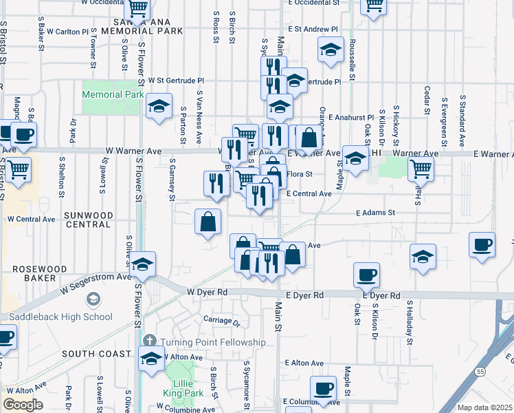 map of restaurants, bars, coffee shops, grocery stores, and more near 2424 South Broadway in Santa Ana