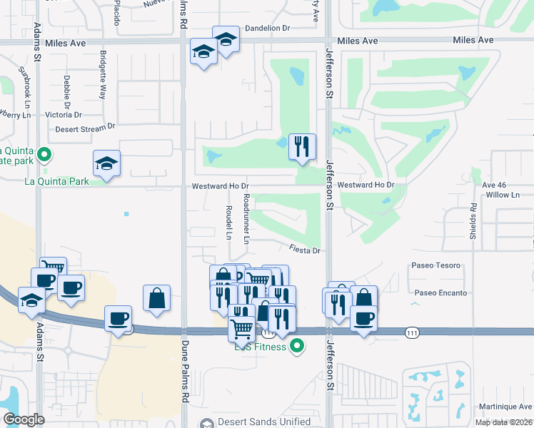 map of restaurants, bars, coffee shops, grocery stores, and more near 79820 Horseshoe Road in La Quinta