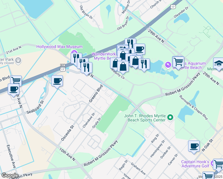 map of restaurants, bars, coffee shops, grocery stores, and more near 1351 21st Avenue North in Myrtle Beach