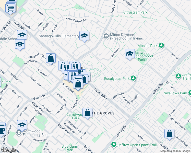 map of restaurants, bars, coffee shops, grocery stores, and more near 63 Streamwood in Irvine