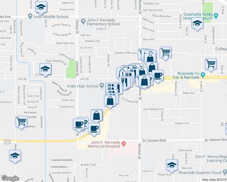 map of restaurants, bars, coffee shops, grocery stores, and more near 81780 California 111 in Indio
