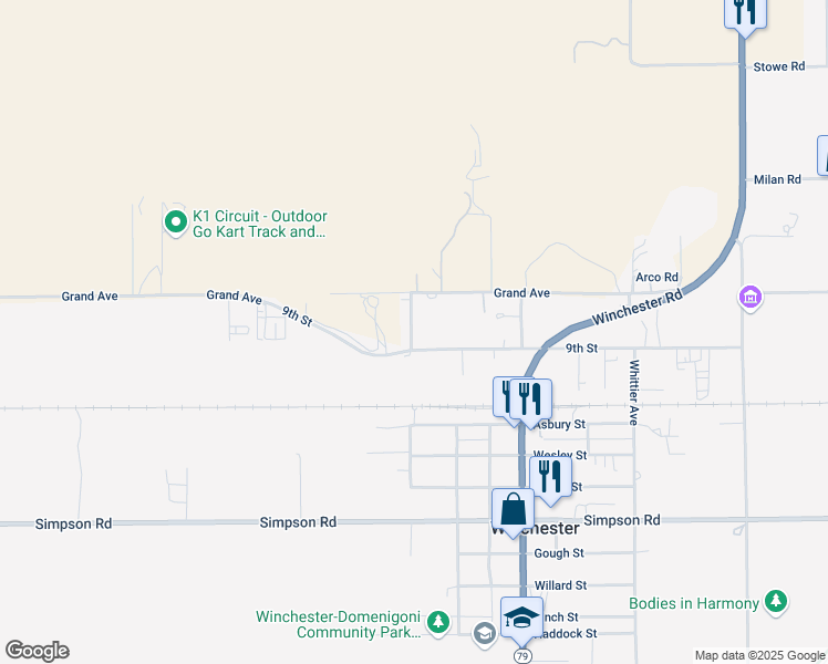 map of restaurants, bars, coffee shops, grocery stores, and more near 32806 9th Street in Winchester