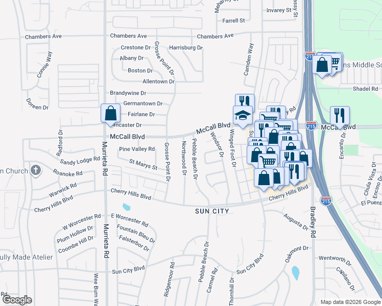map of restaurants, bars, coffee shops, grocery stores, and more near 28087 Pebble Beach Drive in Menifee