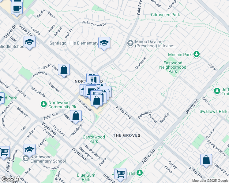 map of restaurants, bars, coffee shops, grocery stores, and more near 85 Streamwood in Irvine