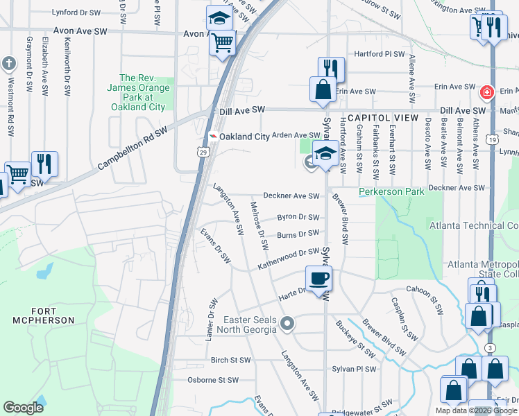 map of restaurants, bars, coffee shops, grocery stores, and more near 1065 Deckner Avenue Southwest in Atlanta