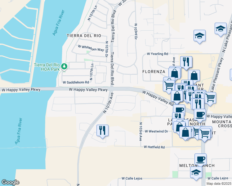 map of restaurants, bars, coffee shops, grocery stores, and more near 25530 North 105th Drive in Peoria
