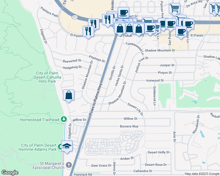 map of restaurants, bars, coffee shops, grocery stores, and more near 46039 Verba Santa Drive in Palm Desert