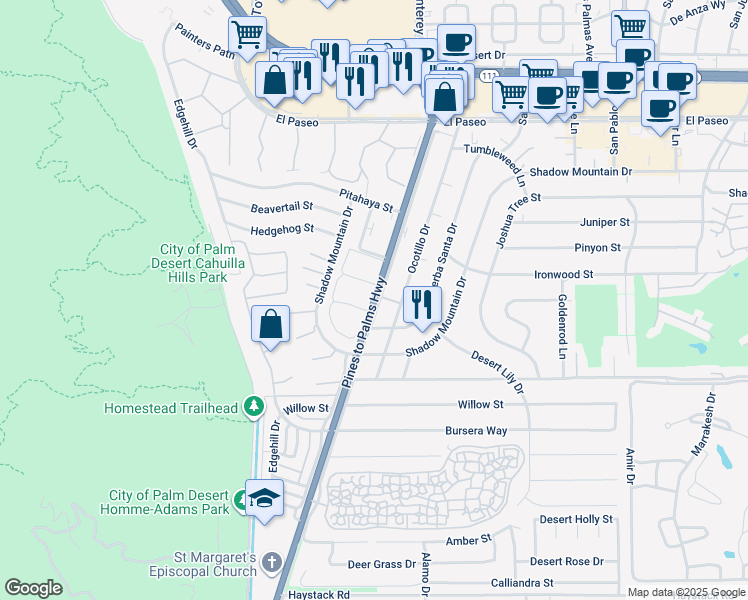 map of restaurants, bars, coffee shops, grocery stores, and more near 46133 California 74 in Palm Desert