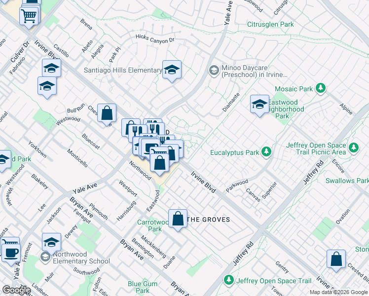 map of restaurants, bars, coffee shops, grocery stores, and more near 75 Streamwood in Irvine