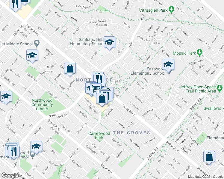 map of restaurants, bars, coffee shops, grocery stores, and more near 227 Springview in Irvine