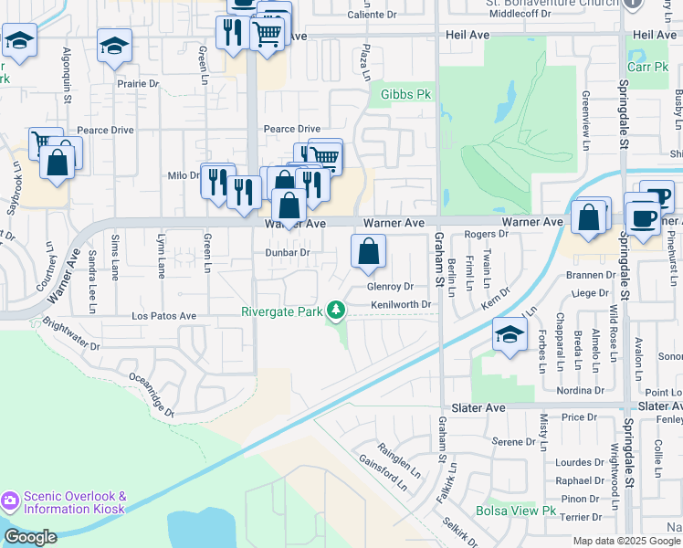 map of restaurants, bars, coffee shops, grocery stores, and more near 5172 Dunbar Drive in Huntington Beach