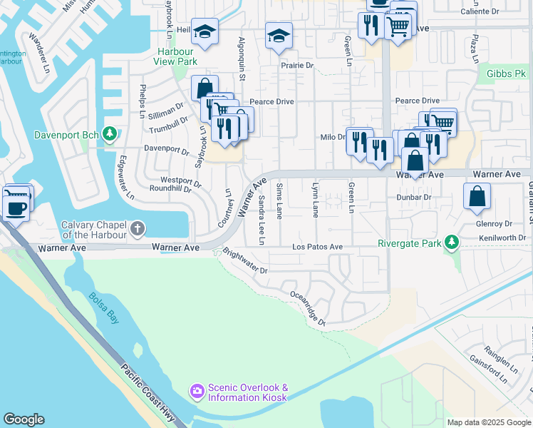 map of restaurants, bars, coffee shops, grocery stores, and more near 17082 Sandra Lee Lane in Huntington Beach