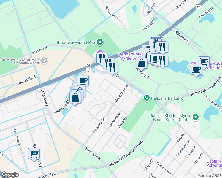 map of restaurants, bars, coffee shops, grocery stores, and more near 1561 21st Avenue North in Myrtle Beach