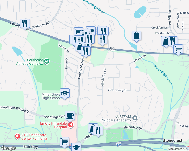 map of restaurants, bars, coffee shops, grocery stores, and more near 5999 Hillvale Road in Lithonia