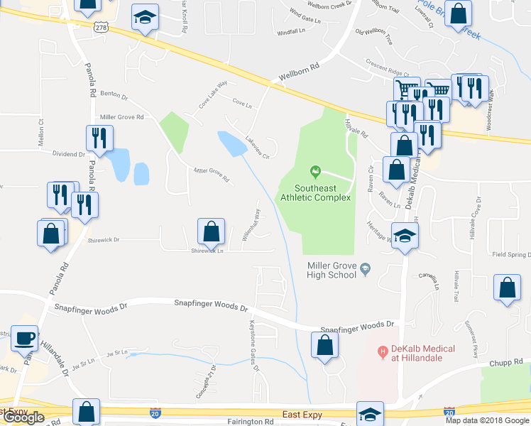 map of restaurants, bars, coffee shops, grocery stores, and more near 5424 Willenhall Court in Lithonia