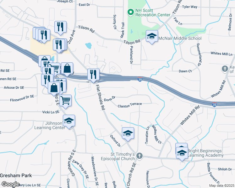 map of restaurants, bars, coffee shops, grocery stores, and more near 2156 Doris Drive in Decatur
