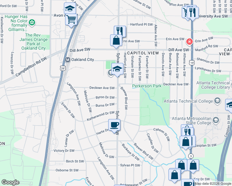 map of restaurants, bars, coffee shops, grocery stores, and more near 1497 Sylvan Road Southwest in Atlanta