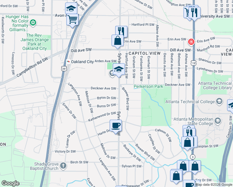 map of restaurants, bars, coffee shops, grocery stores, and more near 1497 Sylvan Road Southwest in Atlanta