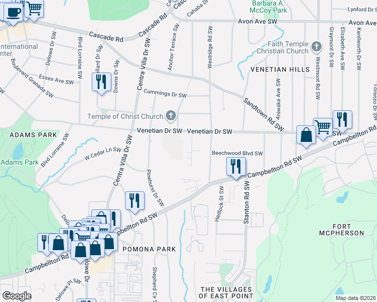 map of restaurants, bars, coffee shops, grocery stores, and more near 1527 Alder Lane Southwest in Atlanta