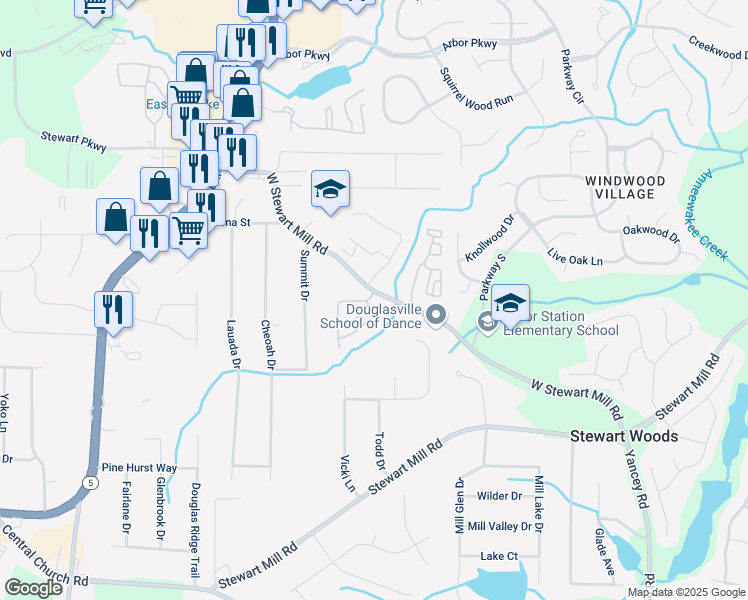 map of restaurants, bars, coffee shops, grocery stores, and more near 6330 Garden Circle in Douglasville