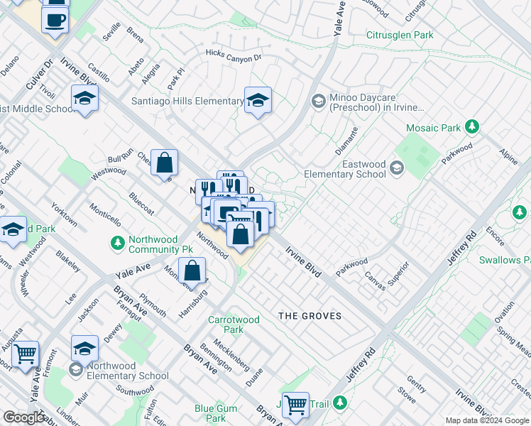 map of restaurants, bars, coffee shops, grocery stores, and more near 196 Streamwood in Irvine