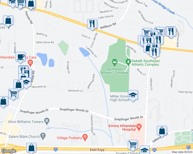 map of restaurants, bars, coffee shops, grocery stores, and more near 5424 Willenhall Court in Lithonia