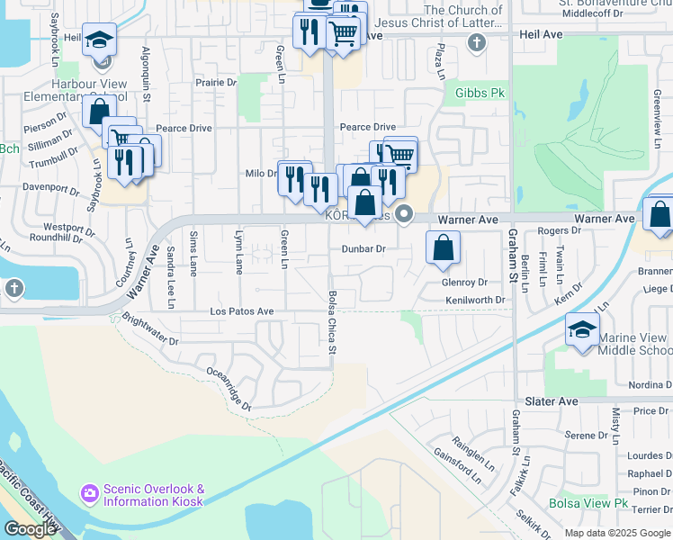 map of restaurants, bars, coffee shops, grocery stores, and more near 5031 Dorado Drive in Huntington Beach