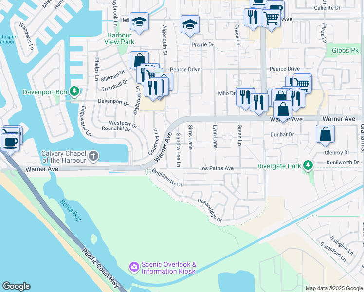 map of restaurants, bars, coffee shops, grocery stores, and more near 17082 Sandra Lee Lane in Huntington Beach