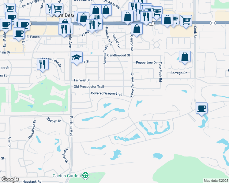 map of restaurants, bars, coffee shops, grocery stores, and more near 74350 Covered Wagon Trail in Palm Desert