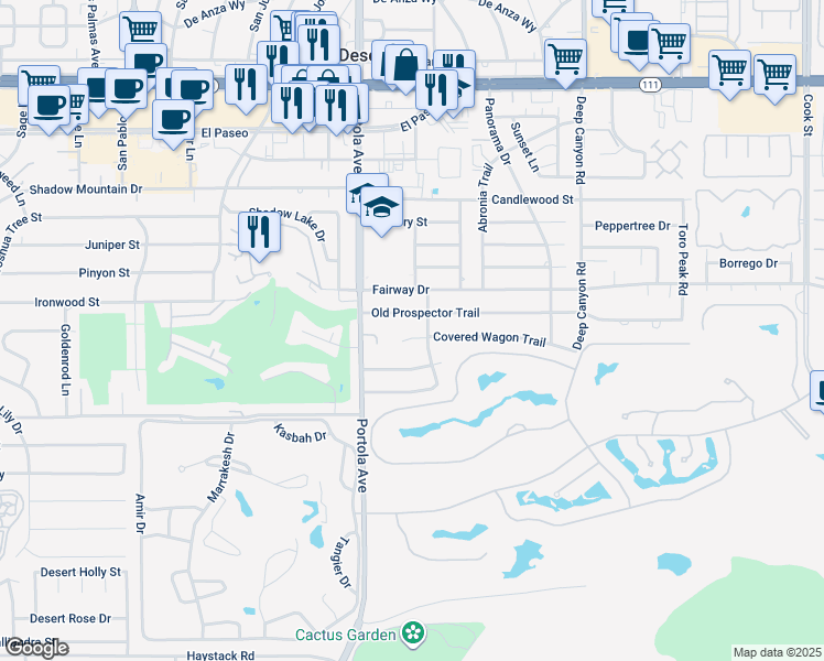 map of restaurants, bars, coffee shops, grocery stores, and more near 74110 Covered Wagon Trail in Palm Desert