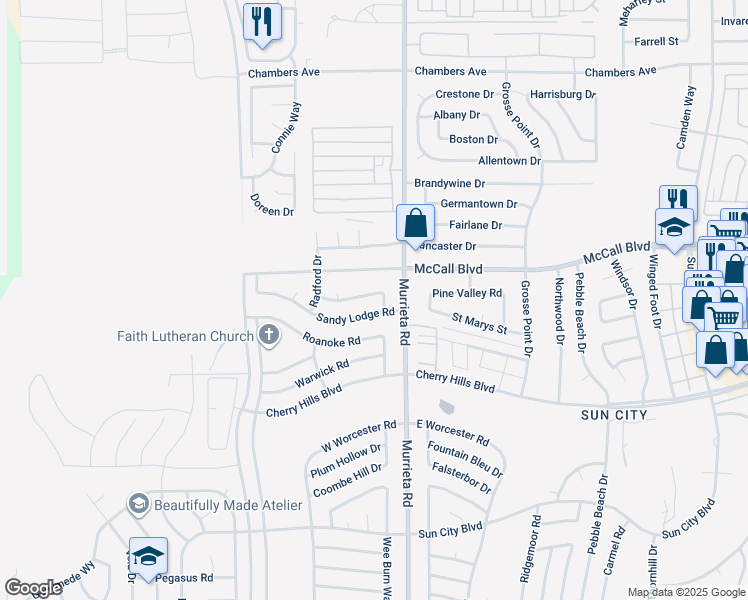 map of restaurants, bars, coffee shops, grocery stores, and more near 25899 Whitman Road in Menifee