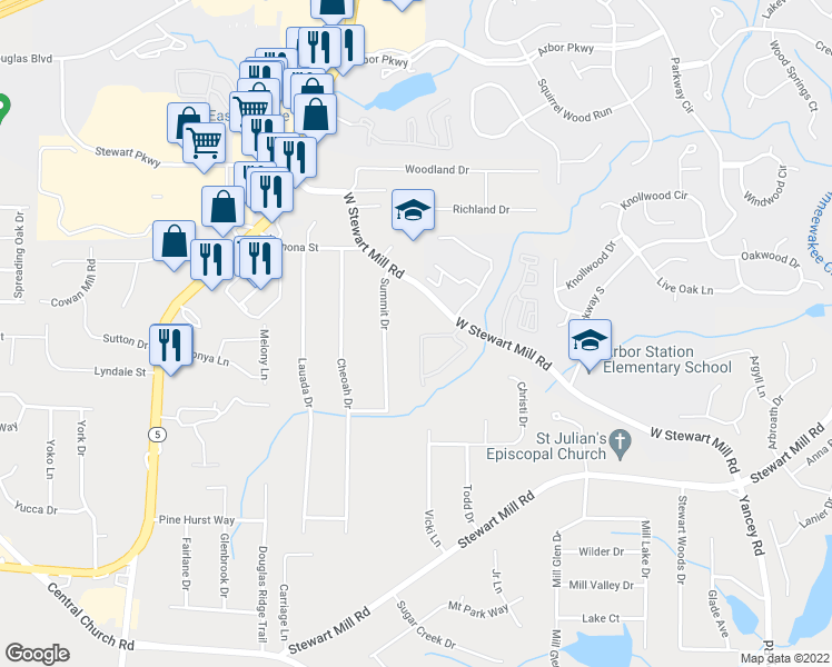 map of restaurants, bars, coffee shops, grocery stores, and more near 5760 Garden Circle in Douglasville
