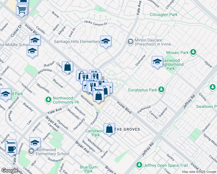 map of restaurants, bars, coffee shops, grocery stores, and more near 227 Springview in Irvine