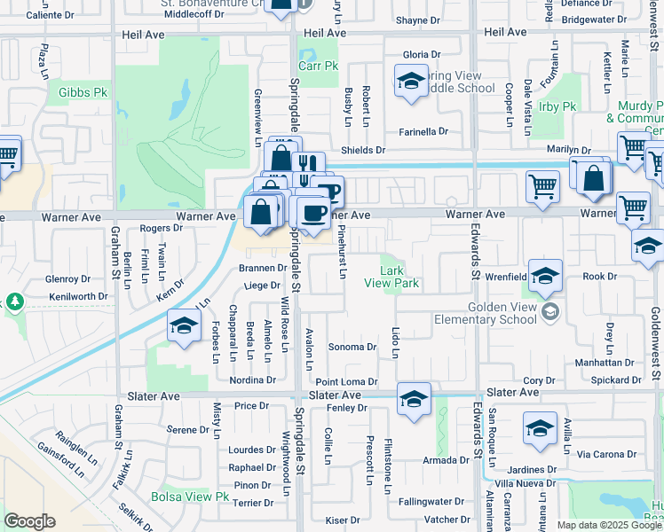 map of restaurants, bars, coffee shops, grocery stores, and more near 17092 Pinehurst Lane in Huntington Beach