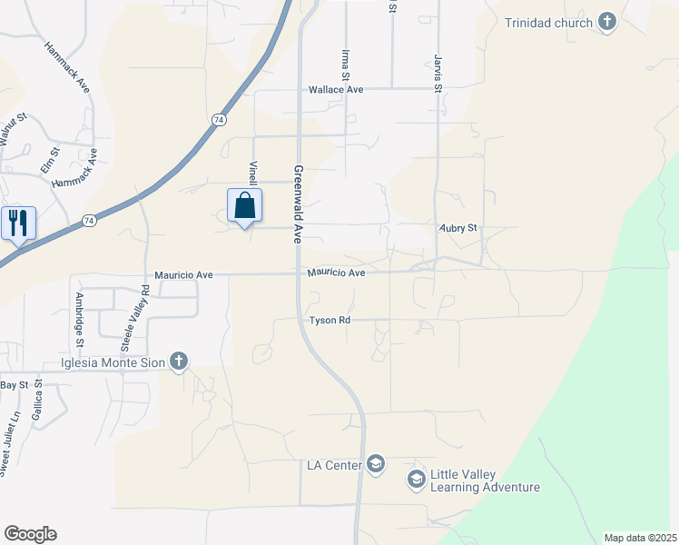 map of restaurants, bars, coffee shops, grocery stores, and more near Mauricio Avenue in Perris