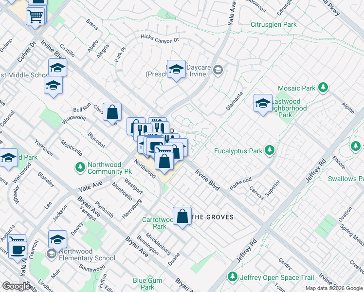 map of restaurants, bars, coffee shops, grocery stores, and more near 185 Streamwood in Irvine