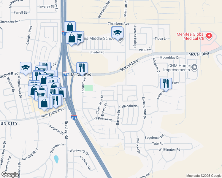 map of restaurants, bars, coffee shops, grocery stores, and more near 27350 Del Monte Lane in Menifee