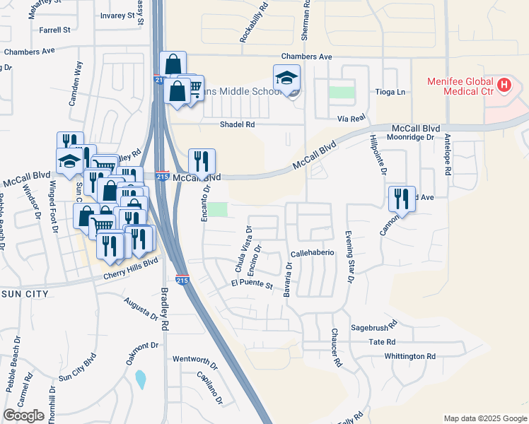map of restaurants, bars, coffee shops, grocery stores, and more near 27326 Del Monte Lane in Menifee