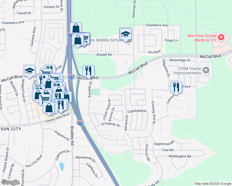 map of restaurants, bars, coffee shops, grocery stores, and more near 27326 Del Monte Lane in Menifee