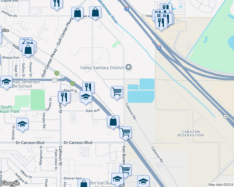 map of restaurants, bars, coffee shops, grocery stores, and more near Commerce Street in Indio