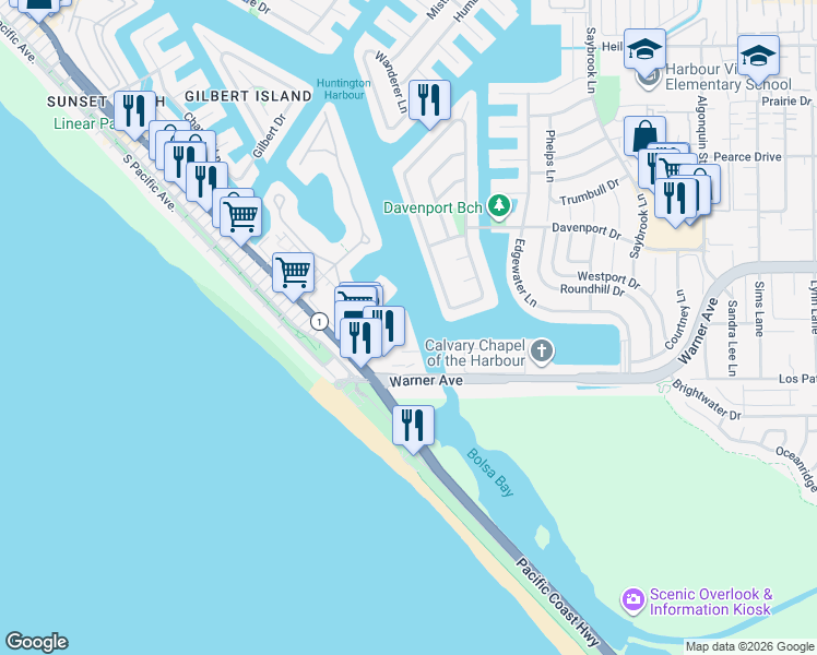 map of restaurants, bars, coffee shops, grocery stores, and more near 17114 Bluewater Lane in Huntington Beach