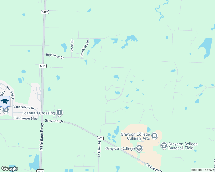 map of restaurants, bars, coffee shops, grocery stores, and more near Priscilla Lane in Denison