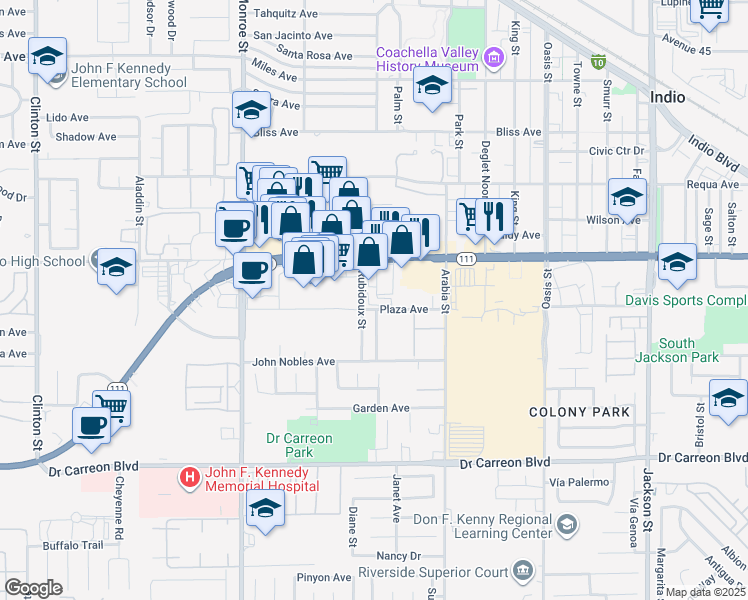 map of restaurants, bars, coffee shops, grocery stores, and more near 82347 California 111 in Indio