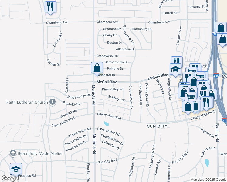 map of restaurants, bars, coffee shops, grocery stores, and more near 26151 Pine Valley Road in Menifee