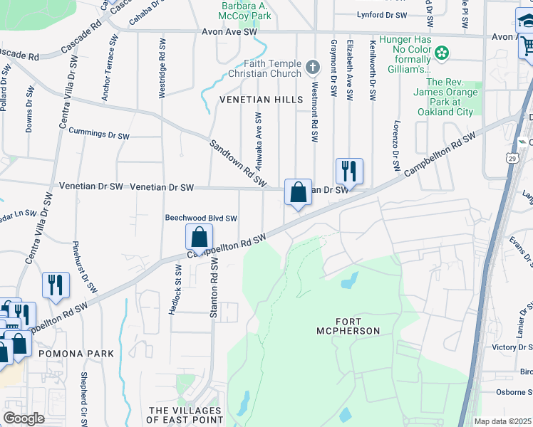map of restaurants, bars, coffee shops, grocery stores, and more near 1546 Sarah M Harden Drive Southwest in Atlanta